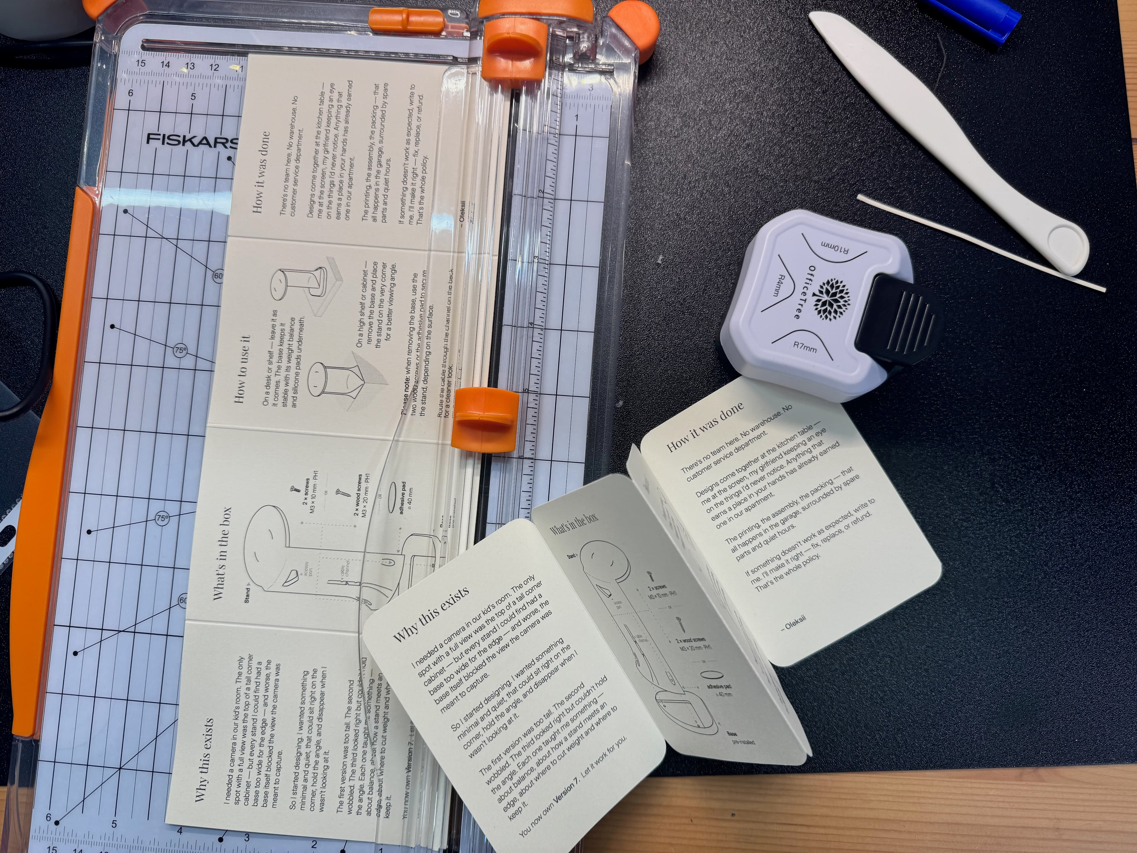 Hand-trimming the card after the laser print.